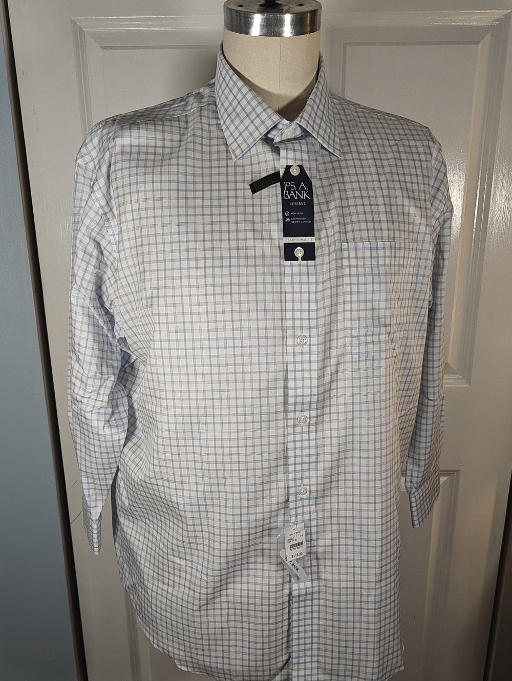 NWT Jos A Bank Reserve Mens White Blue Windowpane Check Dress Shirt 18x33